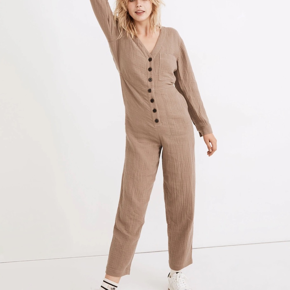 Madewell Tan Button-Up Jumpsuit, Size S
